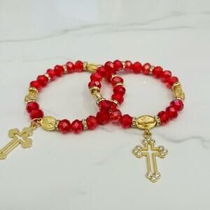 Red Beaded Bracelets with Gold Cross Charms
